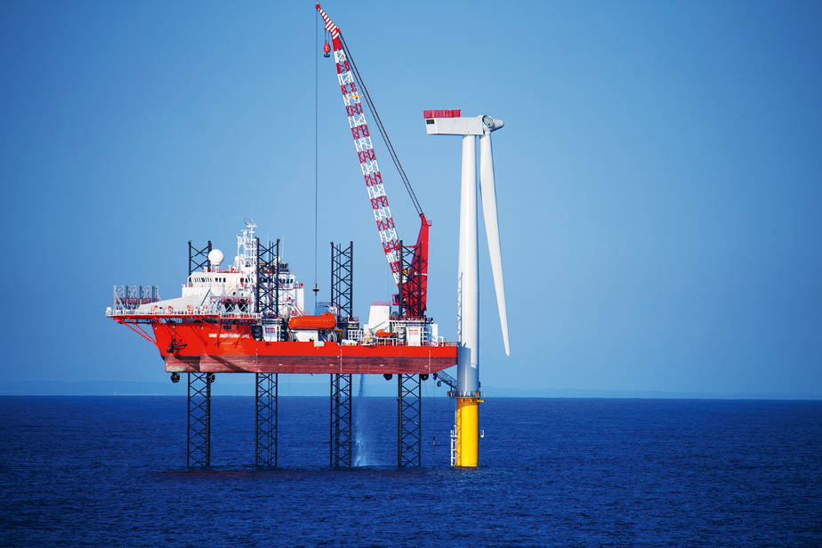 Offshore Wind Turbine in a Windfarm under construction  off the English Coast, North Sea