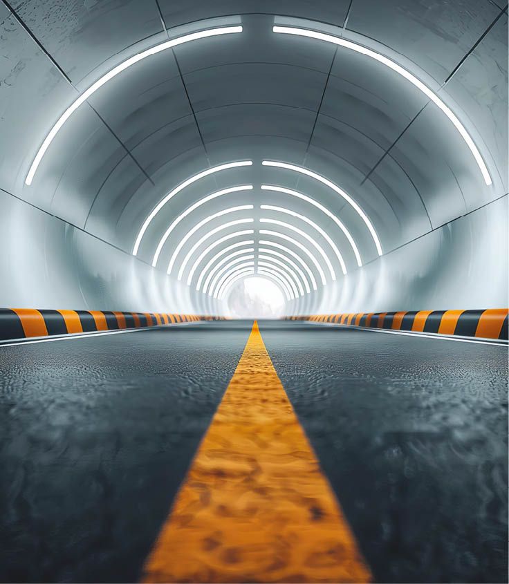 View of architecture tunnel on the highway with empty asphalt road, 3d rendering