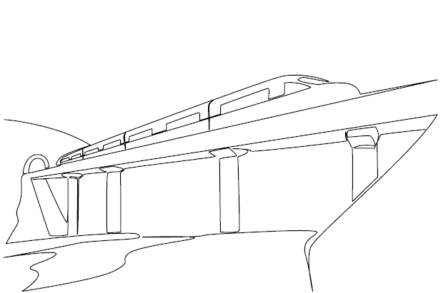 Continuous one line drawing a train with tracks crossing a river and at the back there is a hill with a tunnel. Very fast modern train. National Train Day. Single line draw design vector illustration