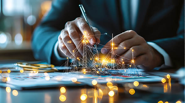 Innovative investor sketching project plans with digital graphics in office.