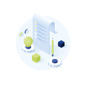 Document with checkmarks or checklist and pencil. Concept of list of features of software product, settings menu of program or application. Modern vector illustration in isometric style for banner.
