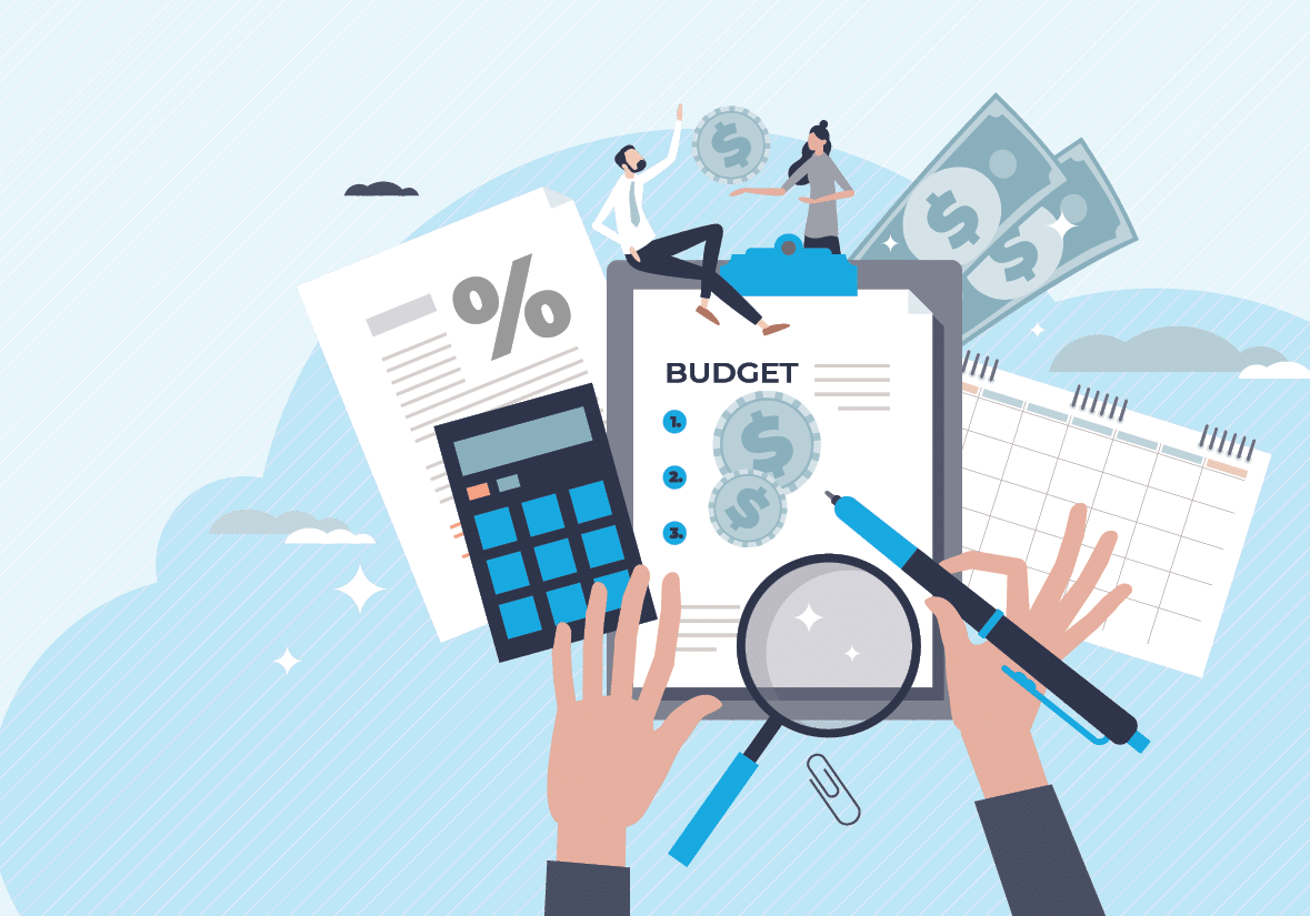 Budget planning and financial family money management tiny person concept  Couple assets and wealth calculation with tax percentage and monthly income vector illustration  Personal expense bookkeeping